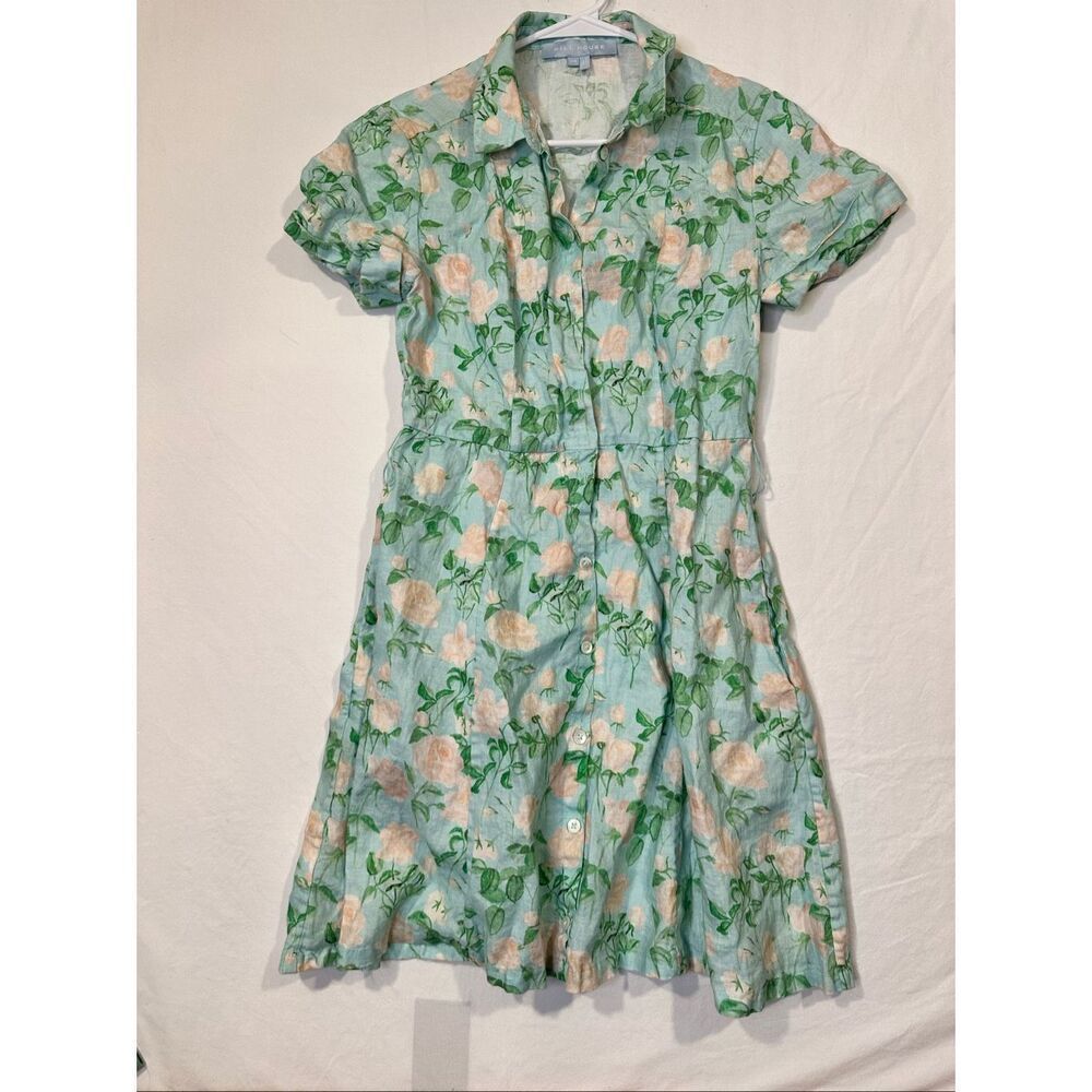 Hill House Dress Lauren Knee-Length Button Down Blue Roses Linen Size XS - Picture 2 of 8